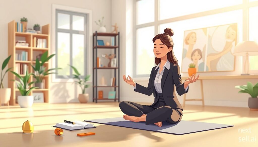 A professional meditates cross-legged on a yoga mat beside a journal and a small plant in a warm, sunlit living room.