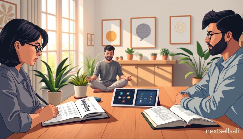 A small, diverse group sits around a wooden table journaling and reading in a softly lit room, working through self-awareness exercises together.