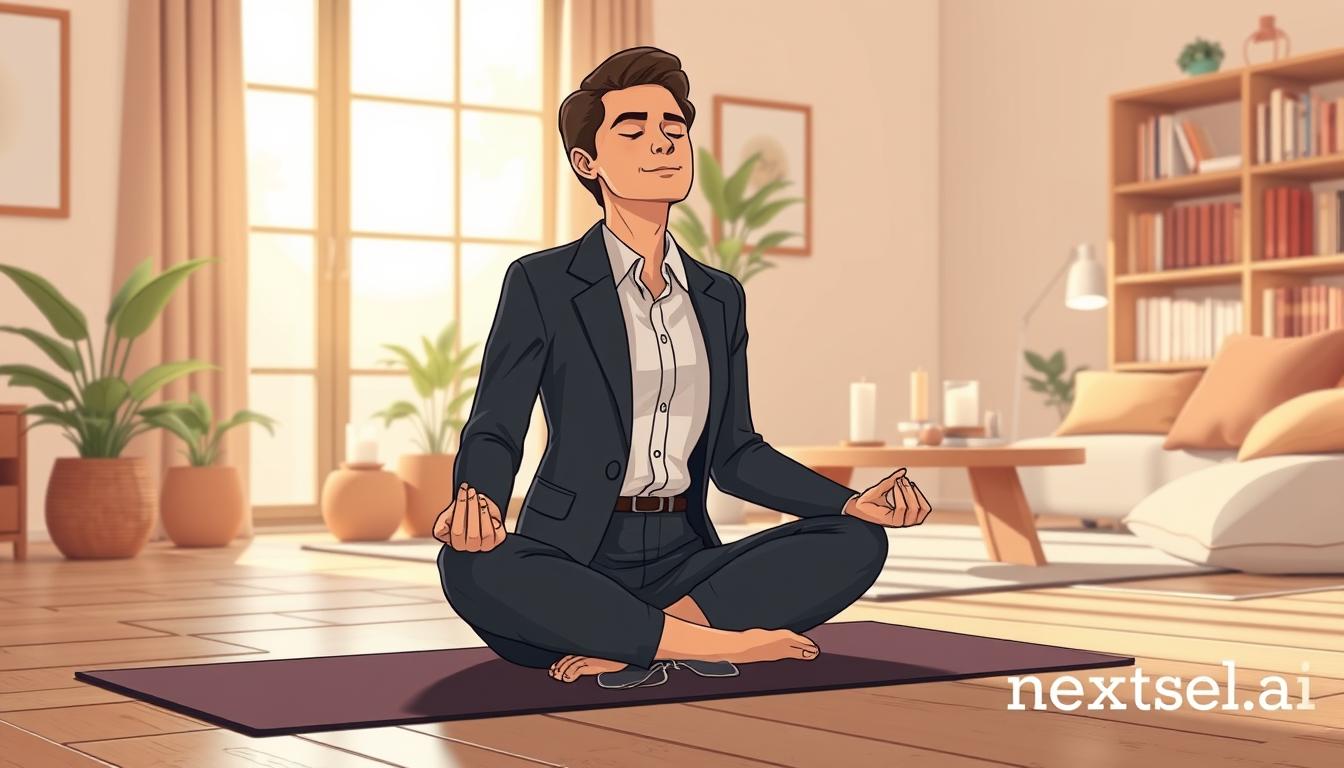 A professional sits cross-legged on a mat in a warm, sunlit room, eyes closed in a calm moment of mindfulness practice.
